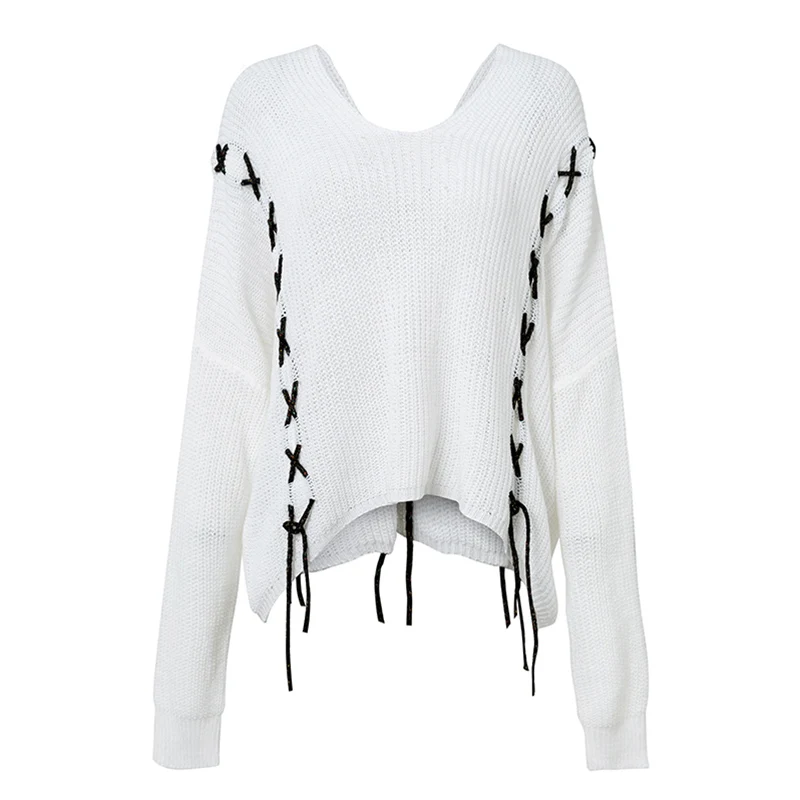

Criss-cross Lace Up Long Batwing Sleeve Women Sweaters Long Knitted Lady Pullovers 2019 Fall Over Size Loose Female Tops Jumper
