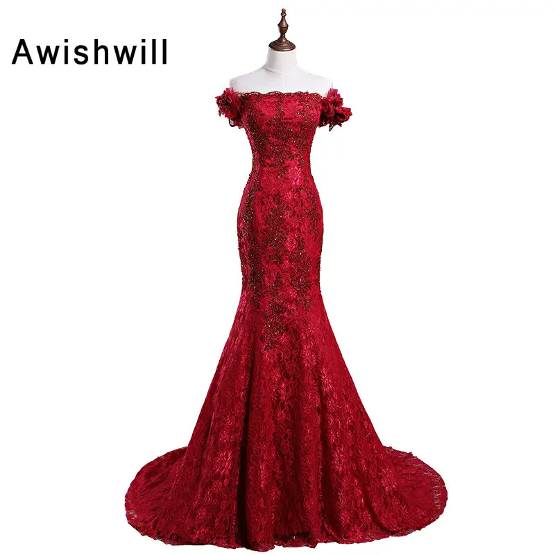 

2019 Vestidos De Festa Elegant Off the Shoulder Lace Evening Dresses Red Boat Neck Beading Appliques Mermaid Formal Dress Long