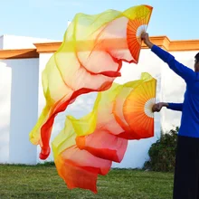 Высокая настоящие шелковые вуали 1 пара ручной работы для женщин качественный Шелковый Танец живота танцевальный веер красный оранжевый желтый 180*90 см