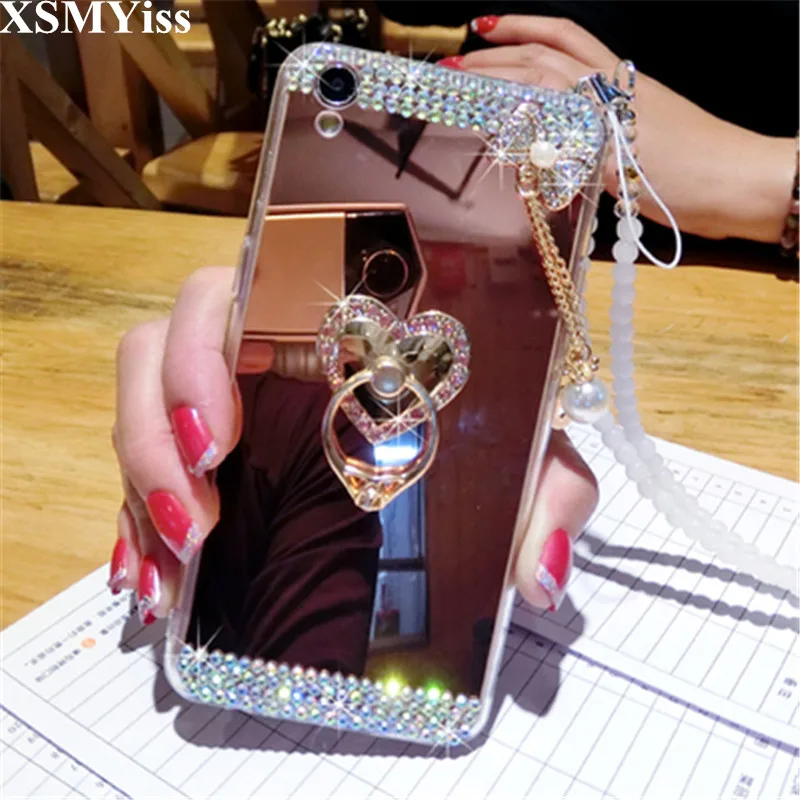 

XSMYiss For SamsungA3 A5 A7 2017 A9 A8 A6 PLUS A50 A70 A10 Bling Rhinestone Bow Pendant Mirror Soft Back Cover Crown Finger Ring