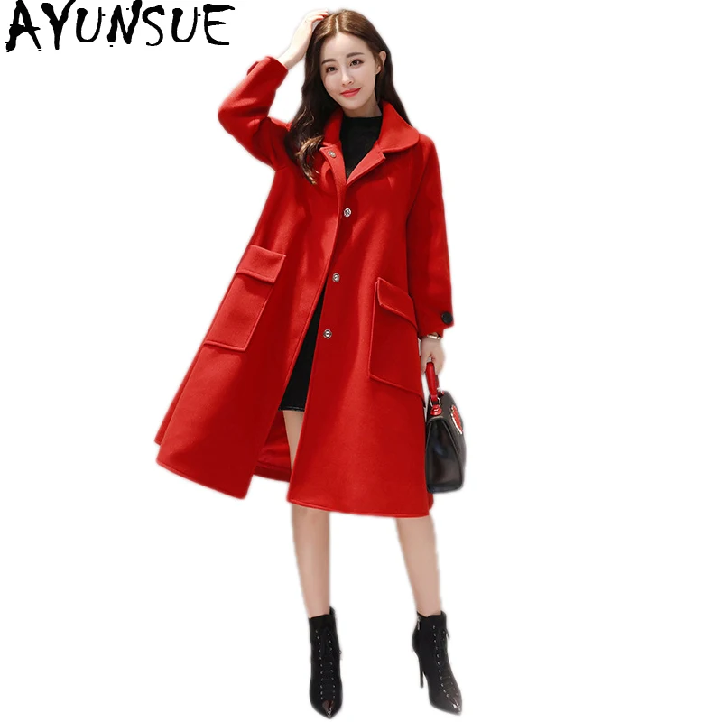 Laine Sand Feminino Coréen Long Manteau Red Casaco Lâche Manteaux green Femme Rouge D'hiver Style Abrigo En Femmes Casual bean Ayunsue Mujer Kj176 htsdQr
