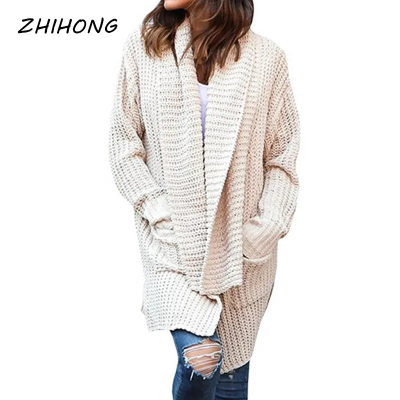 2017 Autumn Winter Women's Loose Long Sleeves Knitted Pocket Cardigan Sweater Coat |
