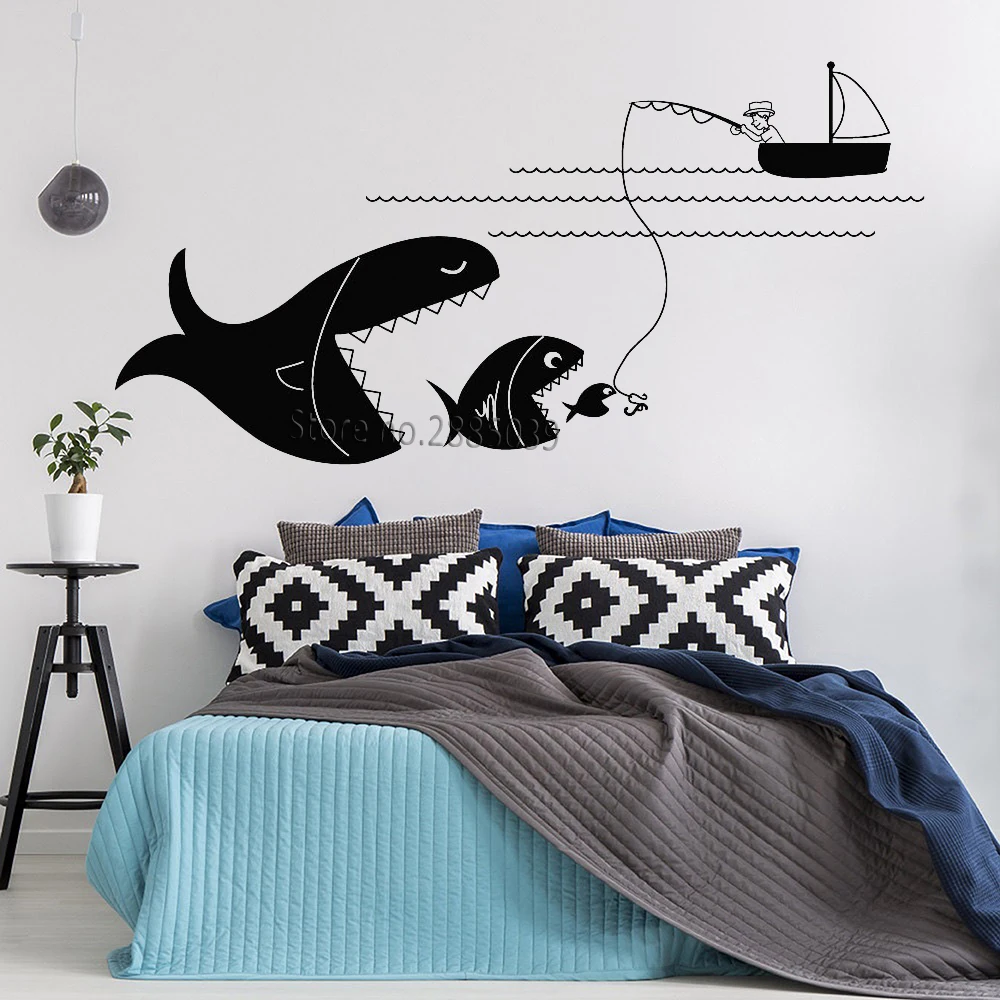 Funny Vinyl Wall Decal  Big Fishing Sticker  Bedroom  Bedside 