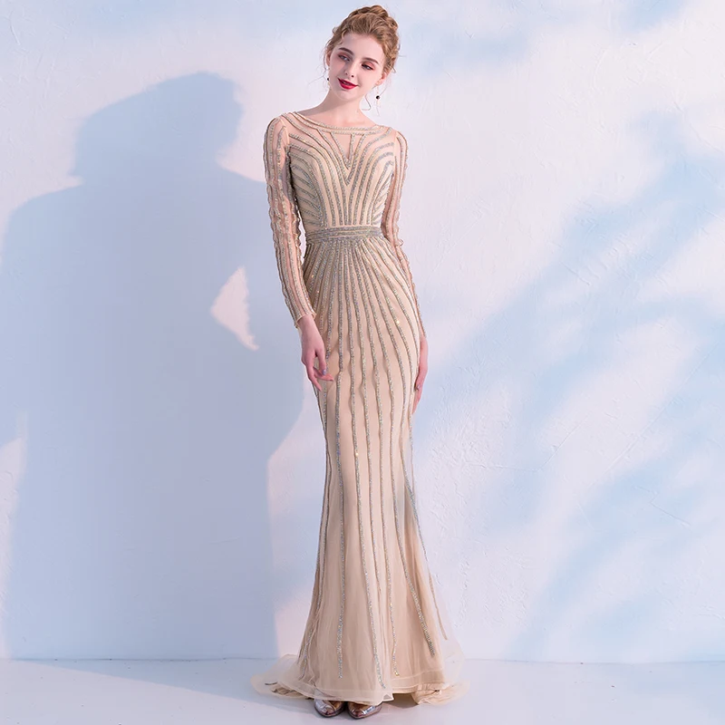 CEEWHY Robe Soiree Дубай роскошное вечернее платье с длинным рукавом бисером вечернее платье «русалка» Формальное длинное платье Vestidos Largos