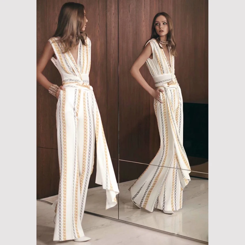

HIGH STREET Newest Fashion 2019 Designer Jumpsuit Women's Elegant V-Neck Flare Bow Belt Chain Printed Wide Leg Jumpsuit Rompers