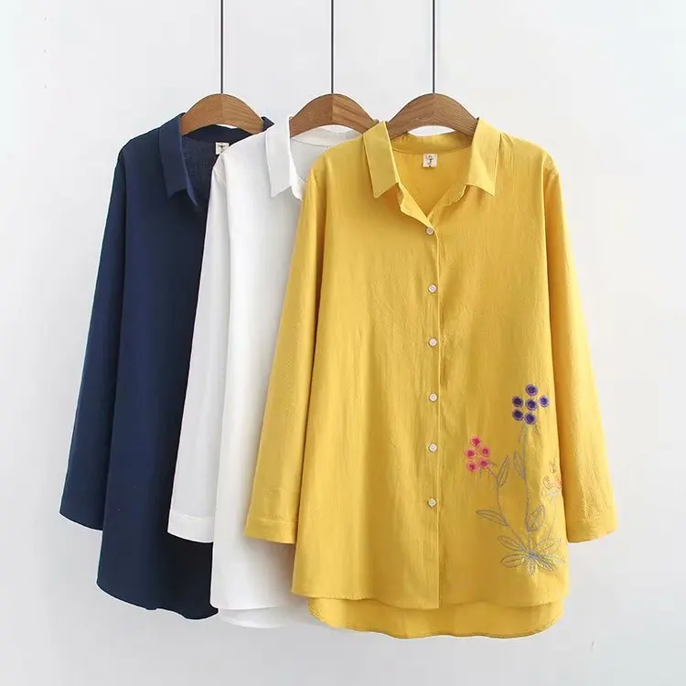 

Plus Size Casual Blouses 2019 Autumn Women Fashion Loose Long Sleeve Washed cotton Shirts K71-010