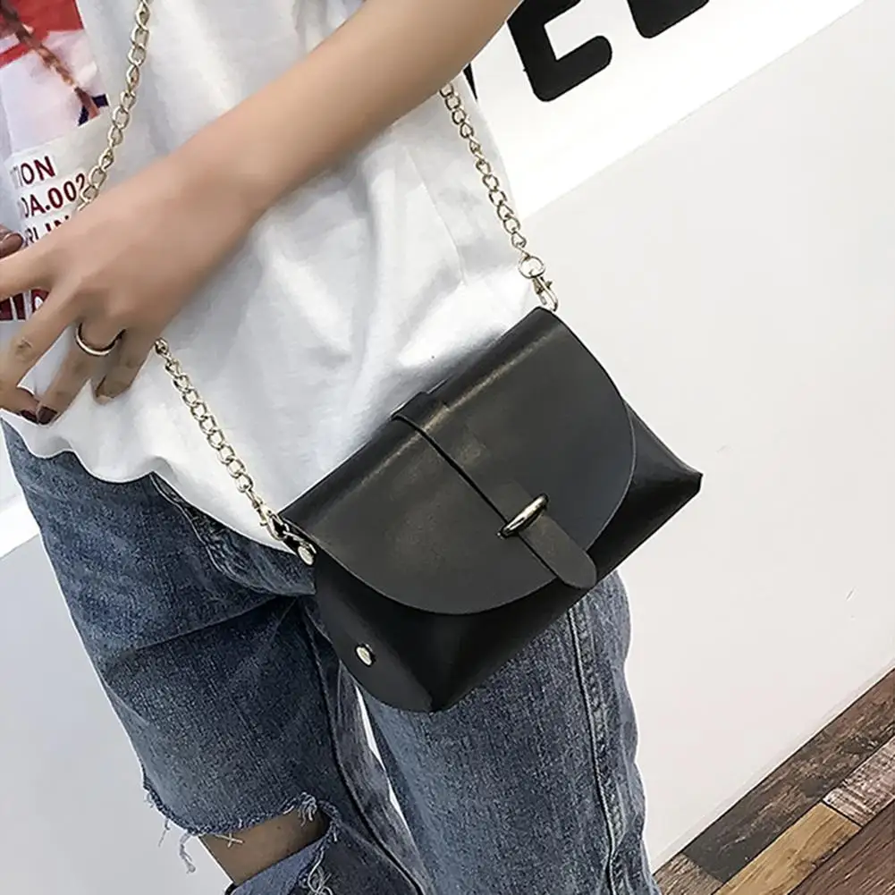 

Concise Solid Color Faux Leather Chain Strap Flip Cover Women Shoulder Pouch Bag