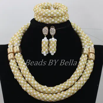 

Handmade Fashion Nigerian Wedding Beads Necklace White Gold African Beads Jewelry Set Christmas Gift New Free Shipping ABF837