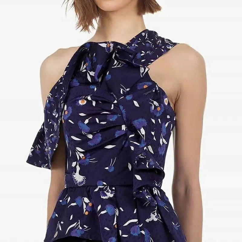 

High Quality 2019 Summer Sexy Off The Shoulder Ruffle Irregular Women Blouse Top Backless Blue Print Women Tops Slim Waist Shirt