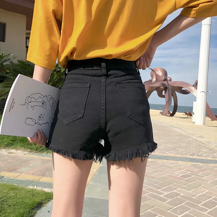 Лето 2019 новое корейское издание черные женские шорты рваные джинсы с высокой