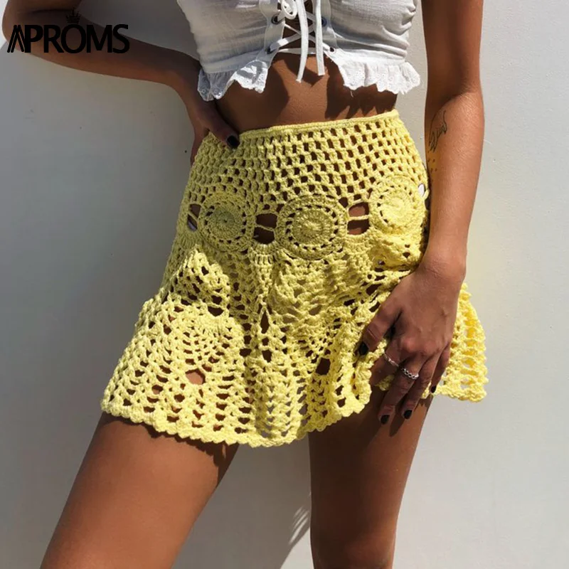 Skup Aproms cukierki kolor Handmade dzianiny bawełniane szydełka krótka spódniczka kobiety lato drążą wysokiej talii spódnica na plażę białe dna 2019