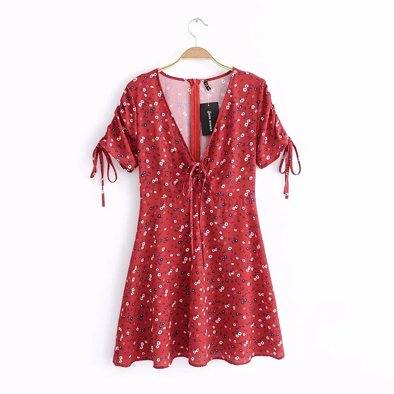 yinlinhe Red Floral Summer Dress Short Sleeve 2018 Lace Up V Neck Sexy Women Dress Slim Waist Elegant Bobo Vestidos  4