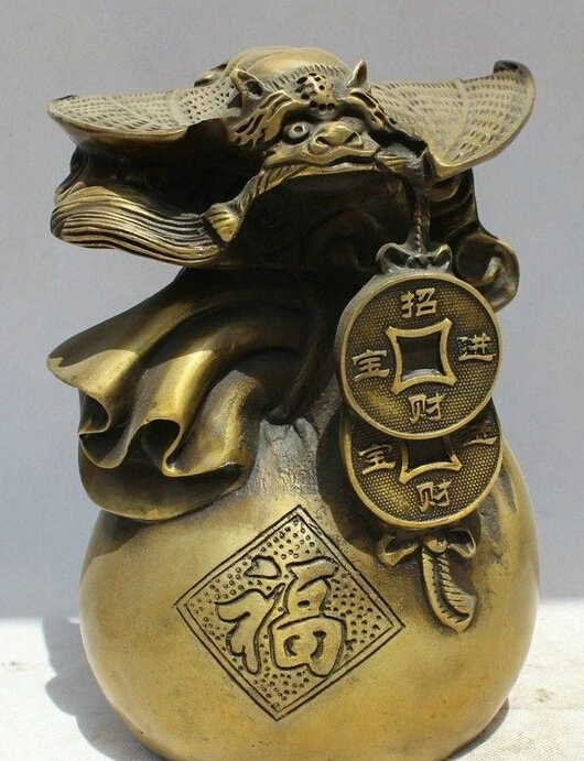 

11" China Chinese Copper Folk Fu money bag money wealth coin Statue