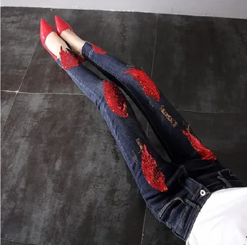 

New Fashion Spring and Autumn Women's Stretch Segments Hole Slim Jeans Red Feather Sequins Denim Trousers Pencil Pants