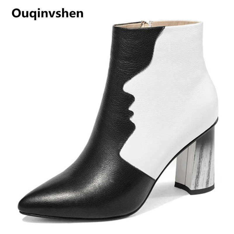 

Ouqinvshen Mixed Colors Leather Boots Women Zipper Thick Heels Sexy Autumn Winter Women Boots 2018 Pointed Toe Ankle Boots Women