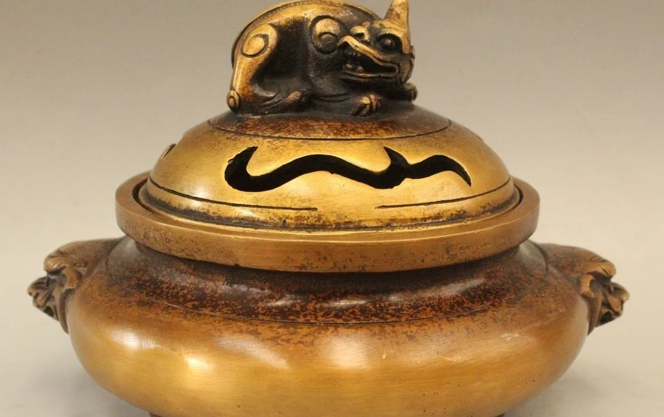 

6" Marked Chinese Copper Pixiu Unicorn Beast Lion Head Incense Burner Censer
