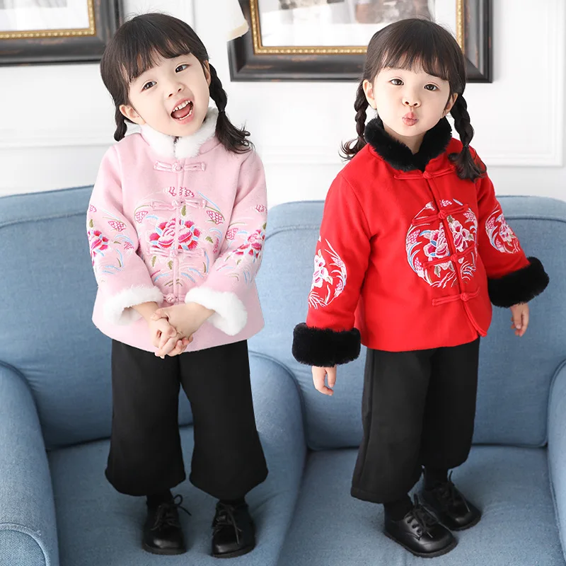 Anlencool Fashion Winter Chinese Style Girls Thin Clothing Embroidery 2-piece Girls 1-7 years Tang Retro Style girls Clothes set Anlencool Fashion Winter Chinese Style Girls Thin Clothing Embroidery 2-piece Girls 1-7 years Tang Retro Style girls Clothes set