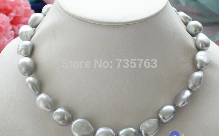

HOT N556 17" 15mm gray baroque freshwater pearl necklace 925silver