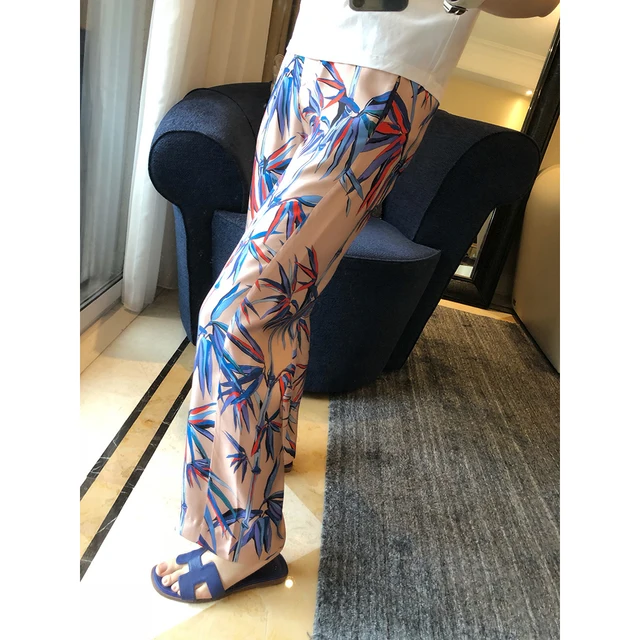 So comfortable! Chino printed slacks ~ high-waisted silk straight trousers for ladies 1