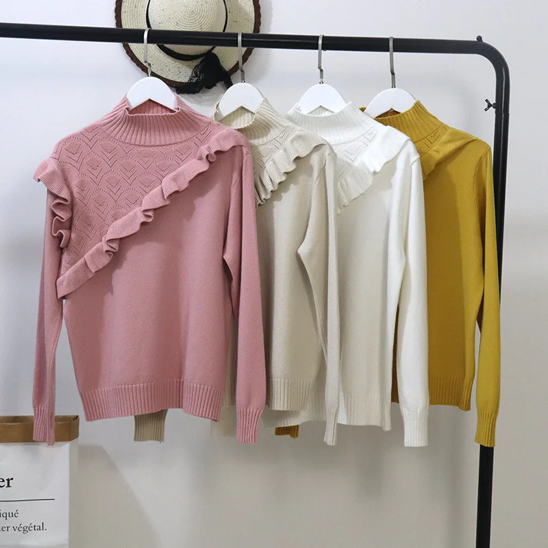 New 2018 Autumn and Winter Women Ruched Sweater Turtleneck Long Sleeve Slim Knit Pullover Tops Femme S55 | Женская одежда