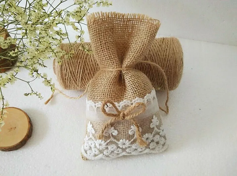 50 toile de jute Dentelle Sacs Cadeau avec ficelle 10x16 см mariage украшения в подарок мешочек