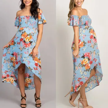 

Maternity Cotton Dresses Women Summer Printed Off Shoulder Short Sleeve Dress Photography Props Premama Fashion Mothers Clothes