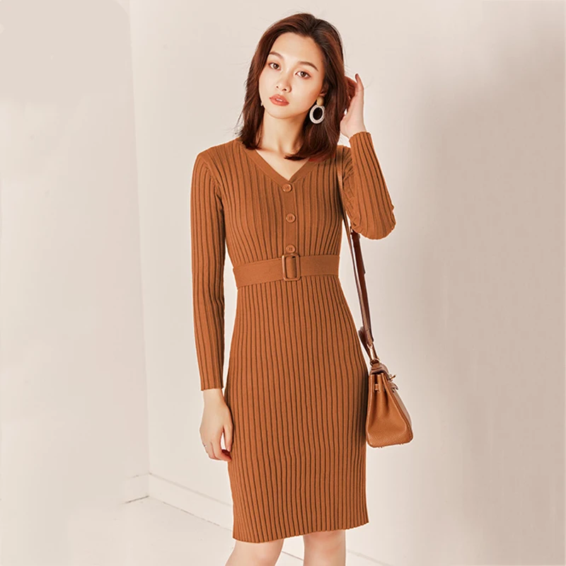 

Classic Retro Soft Elastic V-neck Sweater Dress for Women Long Sleeve Casual Spring Autumn Vintage Sweater Female Brand Jumpers