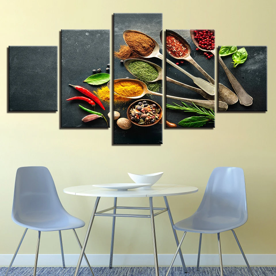 

HD Printed Modular Wall Art Pictures Framework 5 Pieces Food Herbs Spices On Spoon Canvas Painting For Kitchen Home Decor Poster