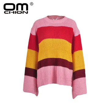 

OMCHION Plus Size Rainbow Sweaters 2018 Winter Flare Sleeve Korean Sweater Women Casual Loose Knit Pullover Strip Jumper LMM220