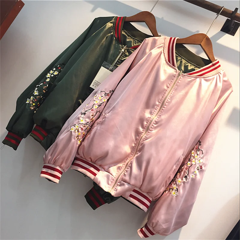 Green Armée Coat Broderie Vert rose Army Hiver Pilote Bomber Manteau Femmes Veste Réversible 2018 Coat Automne pink nO8w0PXk