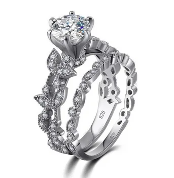 

choucong Handmade Classic Jewelry 925 Silver White Clear CZ Party Women Wedding Bridal Leaf Ring Set For Lover'a Gift Size 5-10