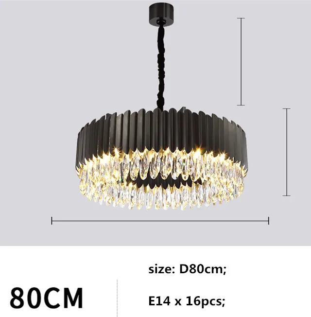 Современный Блестящий Круглый стальной E14 светодиодный подвесной светильник фойе K9 хрустальный светодиодный подвесной светильник Внутреннее освещение Регулируемая цепочка Подвесная лампа - Цвет корпуса: black D80cm E14x16