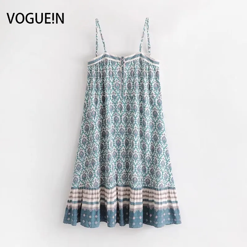 

VOGUEIN New Womens Ethnic Summer Beach Floral Print A-Line Green Midi Dress Wholesale