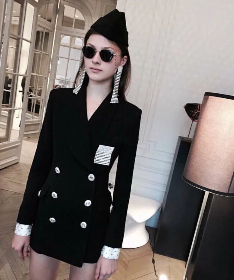 

[MENKAY] 2018 early autumn new black diamond double-breasted button suit dress sparkling cuffs lapels women
