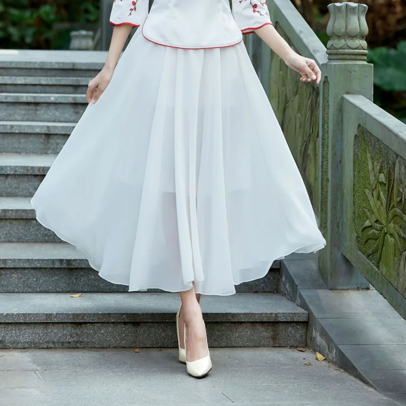 

Sheng Coco Chinese Befree Style Chiffon Skirt Summer Autumn Women Pink Skirt Normal Pure Color High-waist Maxi Skirt Black White
