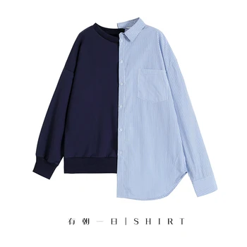 

2019 Spring and Summer Cotton Casual Shirts Irregularly Spliced Striped Shirts Long Sleeved Shirts Patchwork Fashion