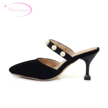 

Chainingyee party casual sexy pointed toe summer slipper mules beading white yellow black heels women's shoes big size
