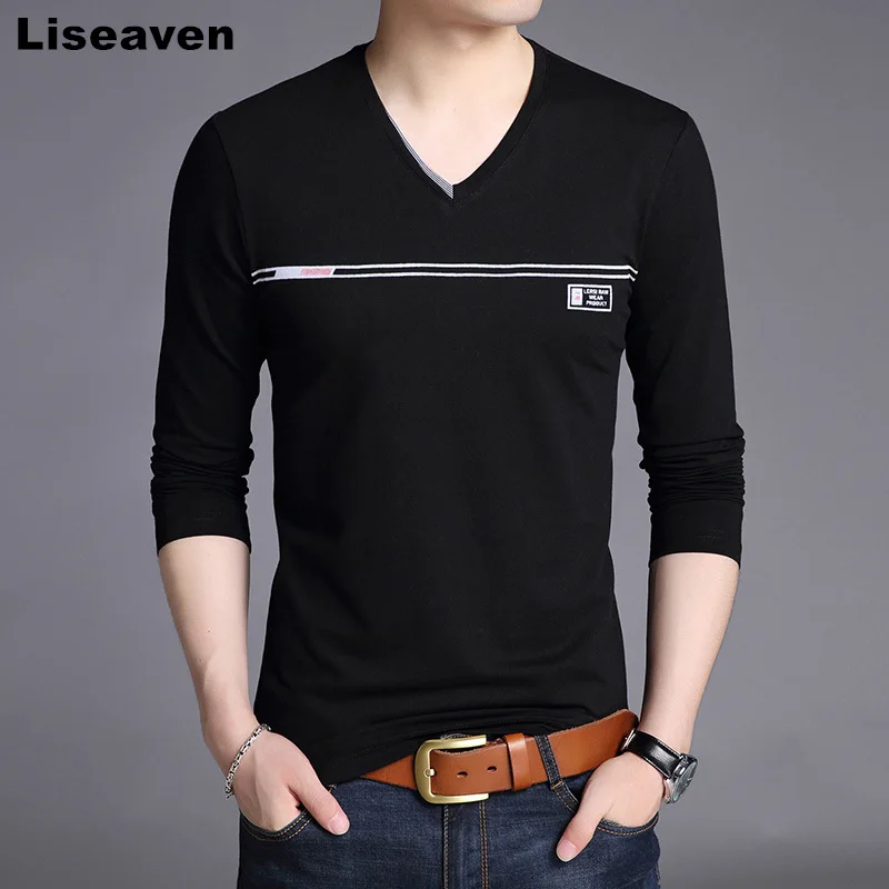 

Liseaven Hot 2018 New Spring Fashion Mens Brand V-Neck T-Shirt Slim Fit Long Sleeve T Shirt Men Casual T Shirts