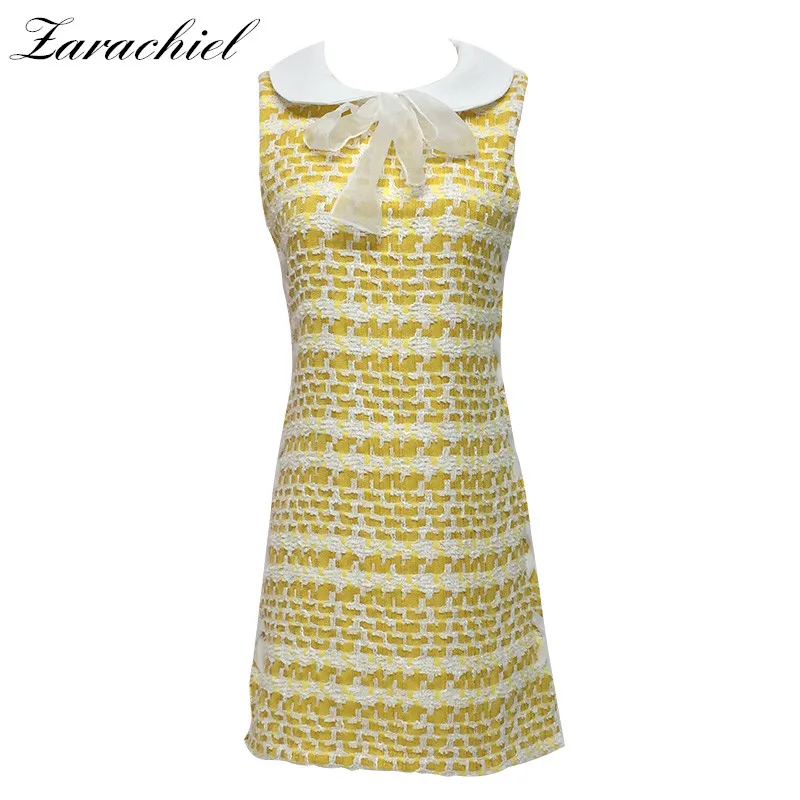 

Elegant Sleeveless Bow Dresses for Women Runway Tweed Knitting Plaid Mini Dresses 2019 Summer Lady Vintage Lace-up Tank Dress