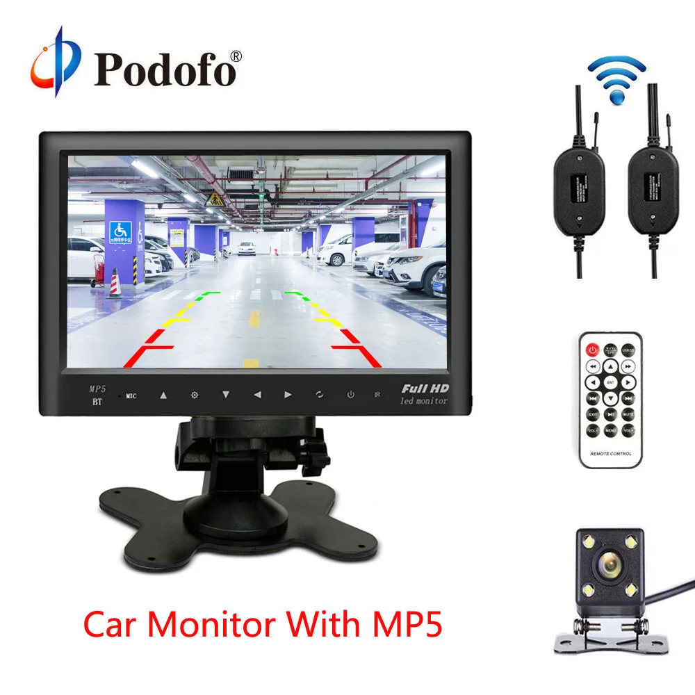 

Podofo Bluetooth Wireless 7" Slim Car Rear View Monitor Dashboard Screen USB MP5 Player With Mini 4 IR LED Lights Backup Camera