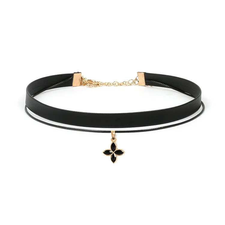 

2019 Women Cool Handmade Choker Fetish Flower Metal Gold PU Leather Collar Bondage Harness Chocker Necklaces Bijoux