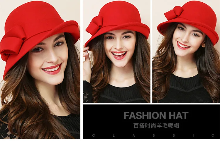 Women Party Formal Headwear Lady Winter Fashion Asymmetric Bowknot 100% Wool Felt Hats straw bucket hat