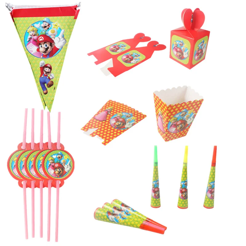 

Super Mario Theme Disposable Tableware set Mario Bros Theme Party Paper Straw Cup Plate Supplies Decor Blowouts Banners Balloons