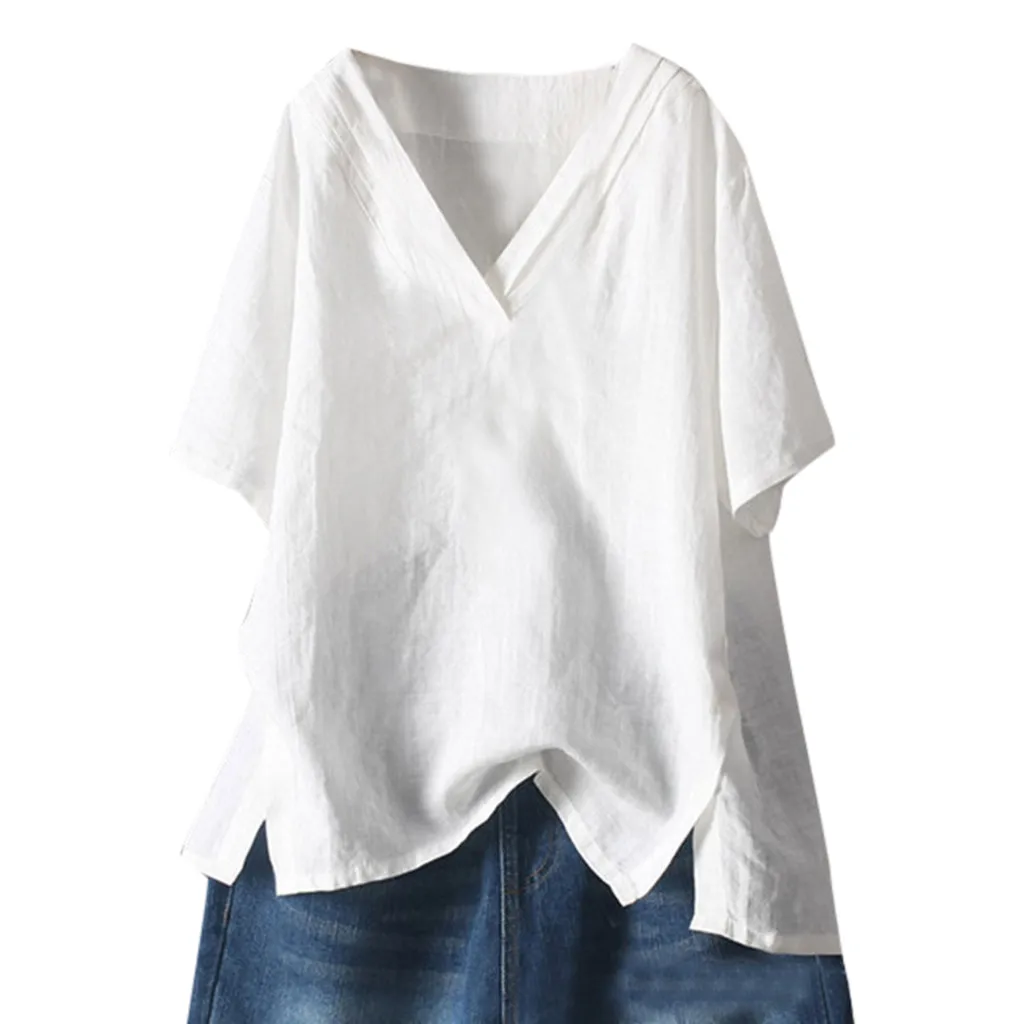 

Blouse Women V-Neck Cotton Linen Tops Summer New Half Sleeve O Neck Solid Pure White Womens Ladies Blusas Shirts Plus Size 5XL