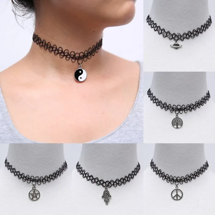 Choker tattoo necklace vintage elastic gothic stretch black 
