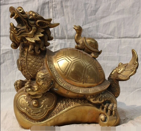 

bi002486 12" Folk Chinese Brass Longevity Shou Dragon Turtle Tortoise On RuYi Statue