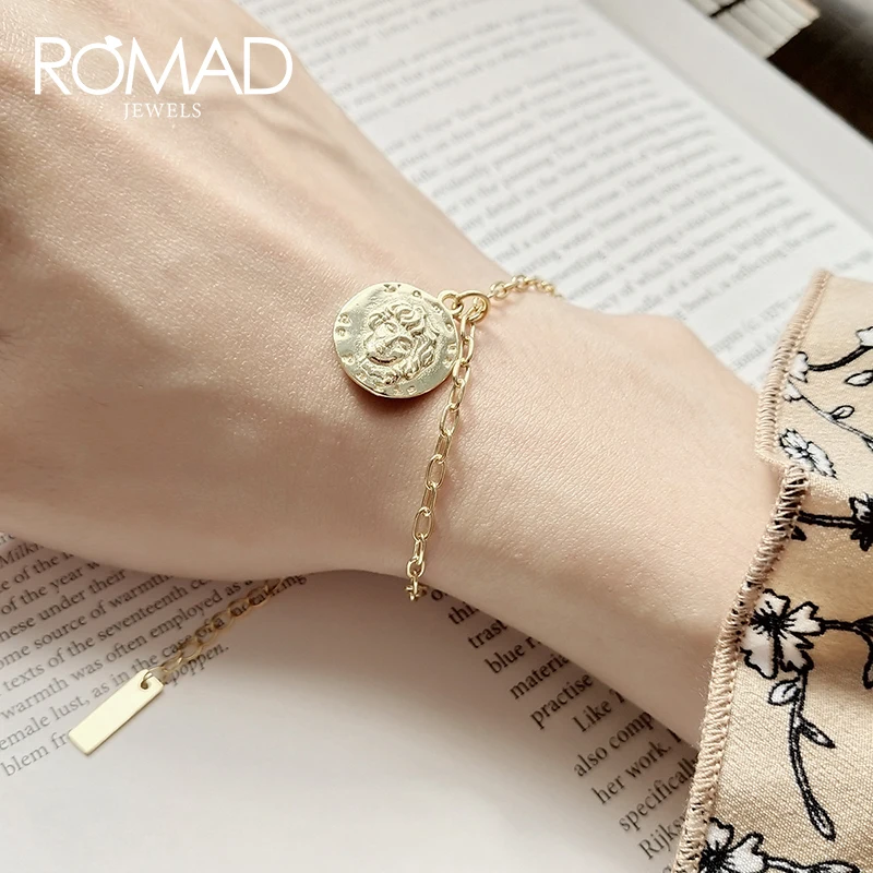 

ROMAD Irregular Emboss Figure 925 Sterling Silver Bracelet Coin Portrait Bracelets For Women Gold Color Adjustable Bracelet R4