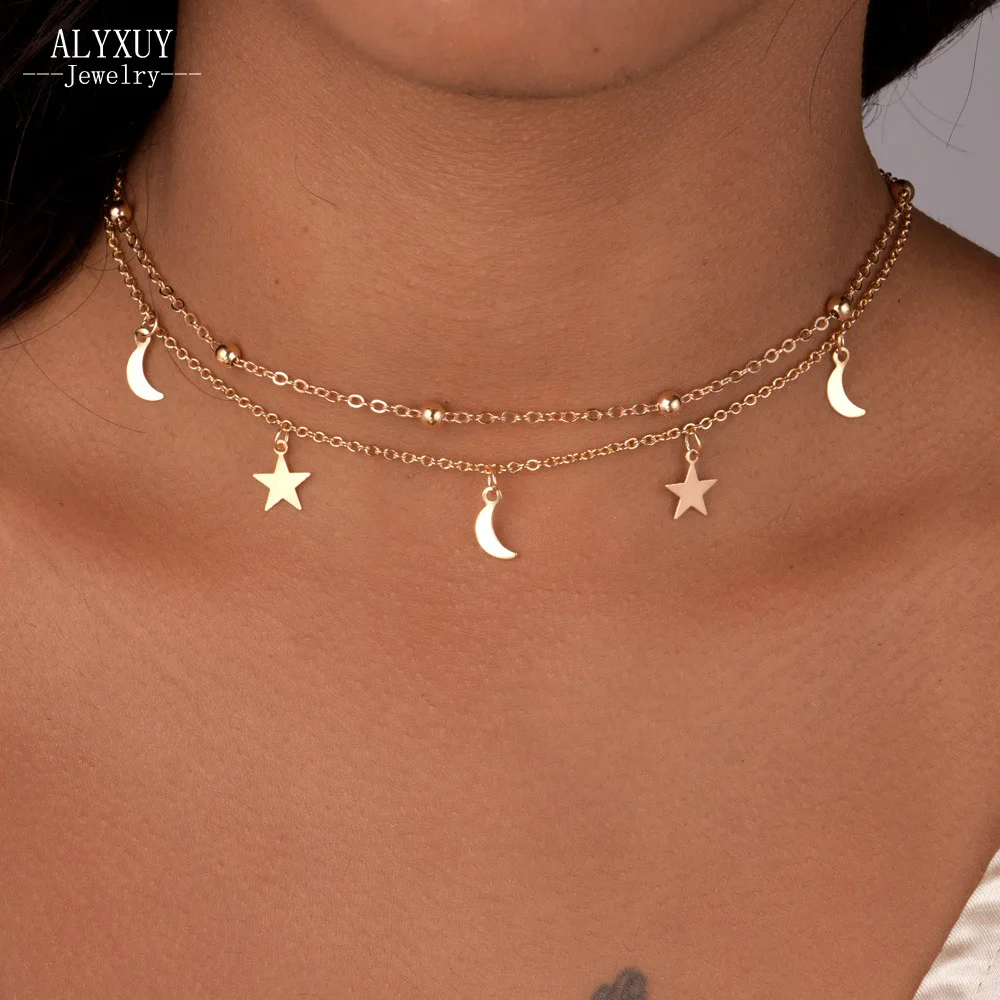 

New fashion jewelry 2 layer star moon choker necklace nice gift for women girl (order 3 pieces have 15% off) N2076