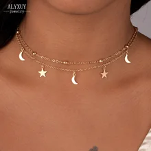Nueva joyería de la manera 2 capas estrella luna gargantilla collar bonito regalo para las mujeres chica (orden de 3 unidades tienen 15% de descuento) N2076