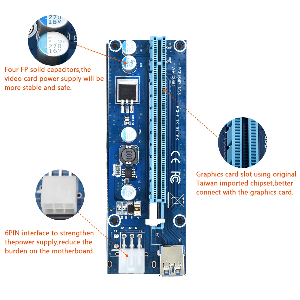 10pcs TISHRIC VER006C 1x to 16x PCI Express PCIE PCI-E Riser Card 006C Extender 60cm USB 3.0 Cable SATA to 6Pin BTC Mining Miner-1